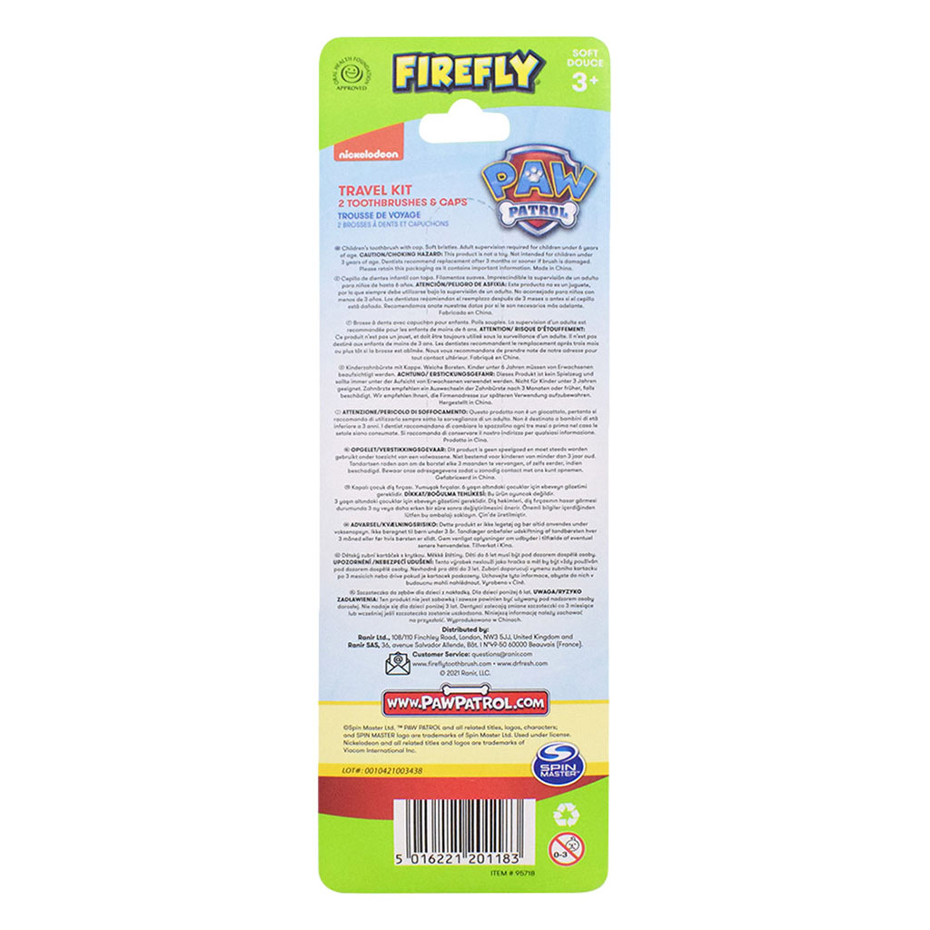 Firefly Paw Patrol 2 Toothbrushes And 2 Caps Twin Pack For 3+ Year Kids
