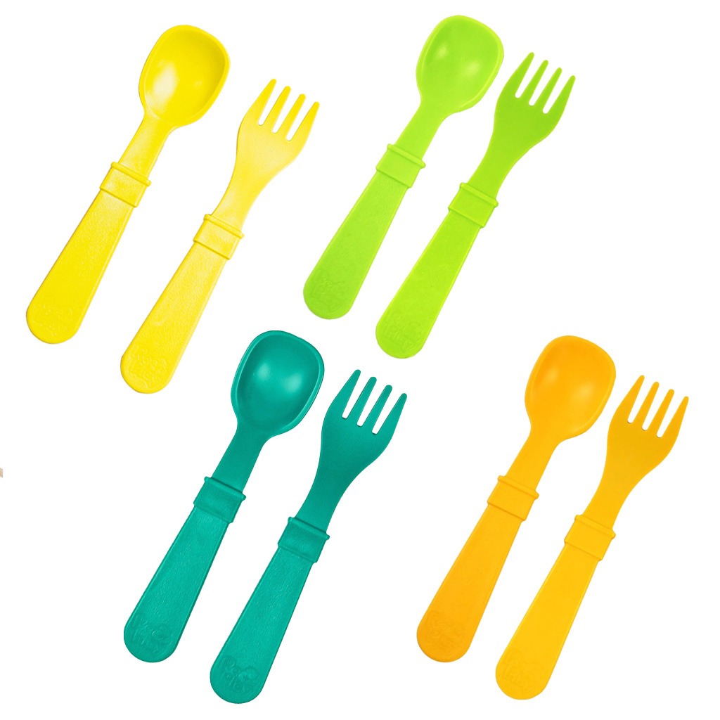 Re Play Feeding Utensil Set Of Spoon and Fork For Toddler & Infant, Orange, Yellow, Lime Green, Aqua Blue, Pack of 8 Pieces