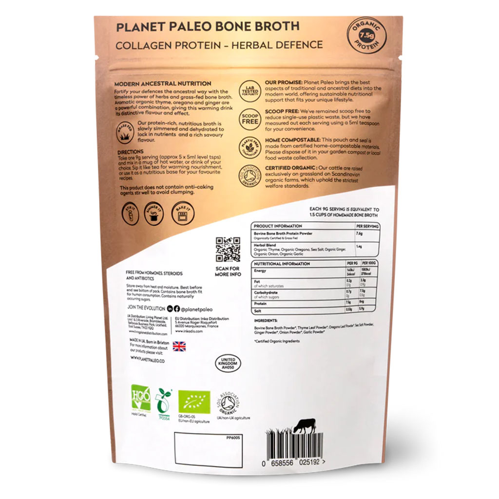 Planet Paleo Organic Bone Broth Collagen Protein Herbal Defence With Oregano And Thyme 225g, 25 servings