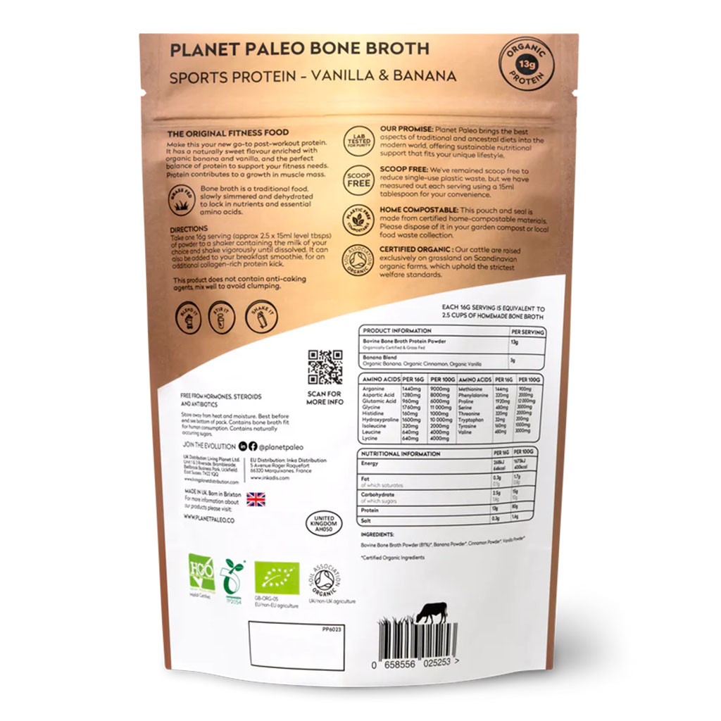 Planet Paleo Organic Bone Broth Post Workout Sports Protein Powder, Vanilla & Banana Flavor 480g