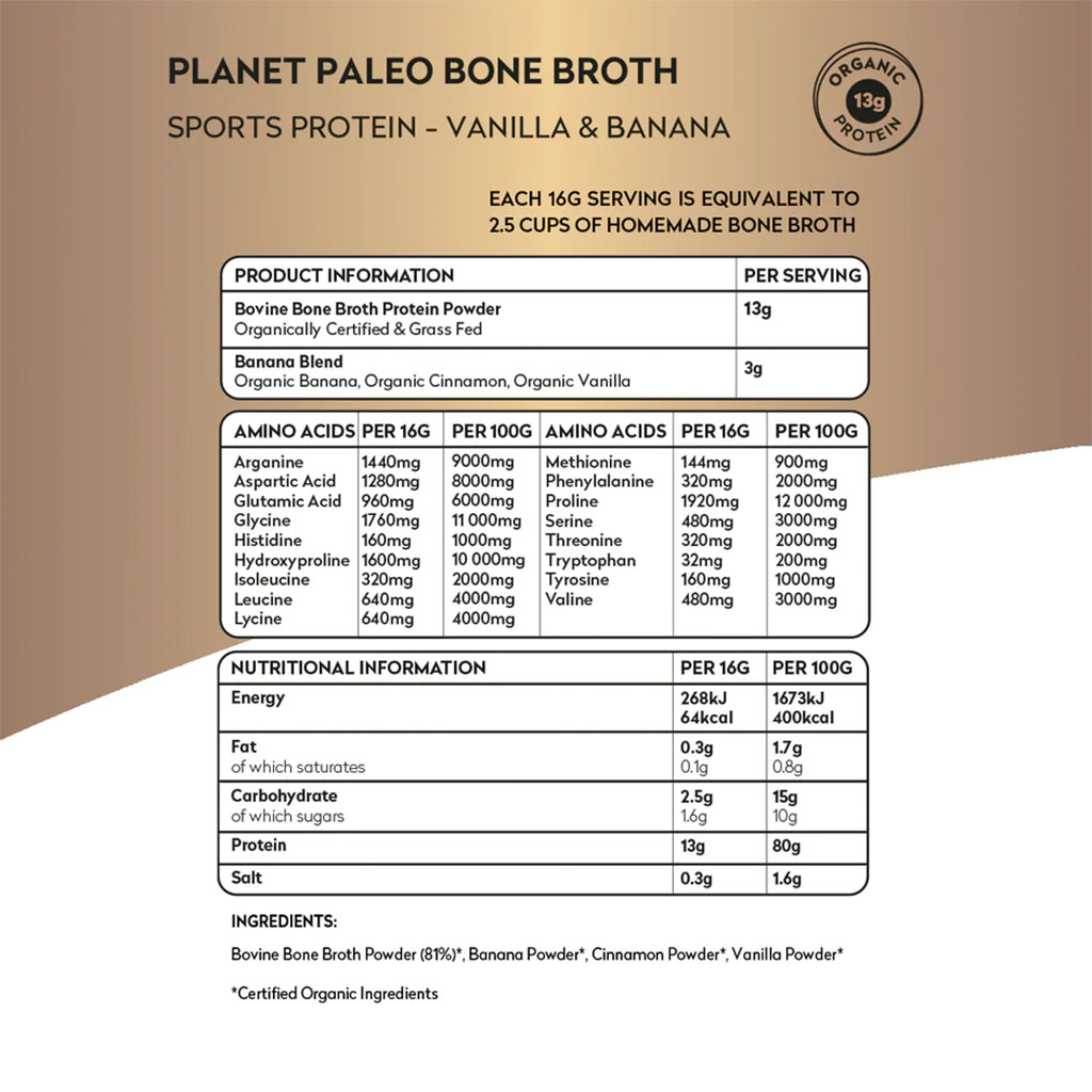 Planet Paleo Organic Bone Broth Post Workout Sports Protein Powder, Vanilla & Banana Flavor 480g