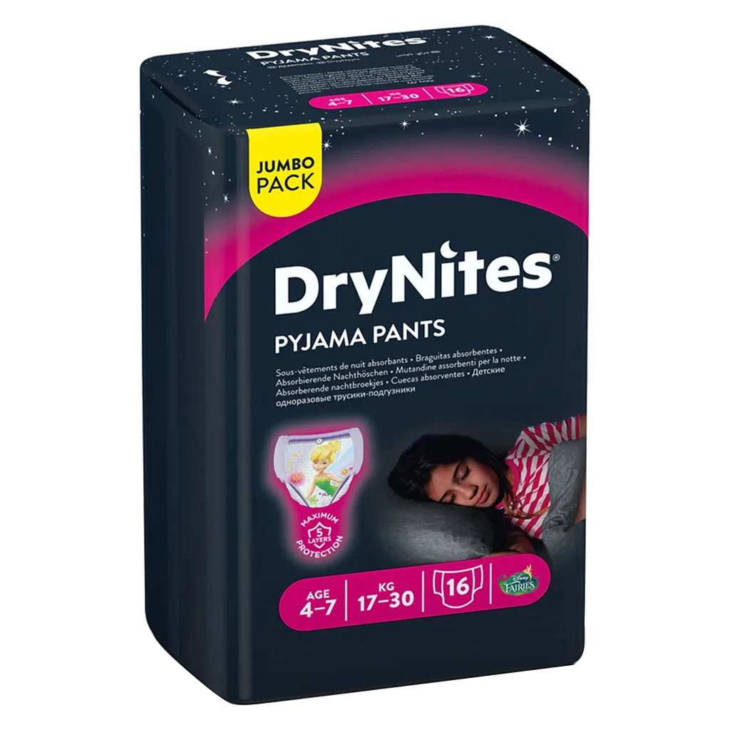 Huggies DryNites Pyjama Pants, Disposable Bed Wetting Diaper For 4-7 Years Old Girls Weighing 17-30 kg, Jumbo Pack of 16's