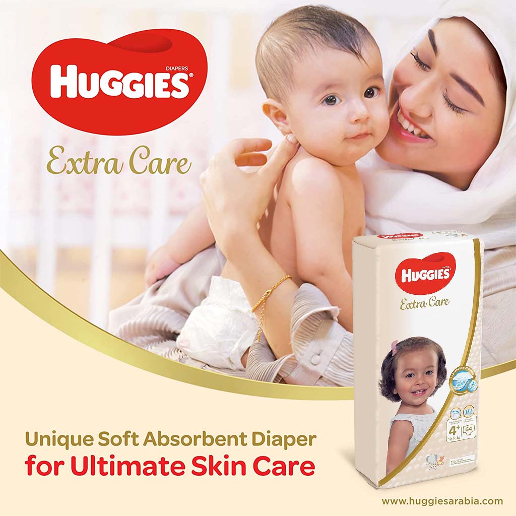 Huggies Extra Care Baby Diapers, Size 4+, For 10 -16 kg Baby, Pack of 64's