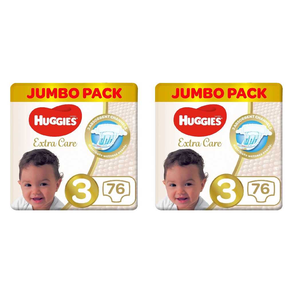 Huggies Extra Care Baby Diapers, Size 3, For 4-9kg Baby, Promo Jumbo Pack of 2 x 76's