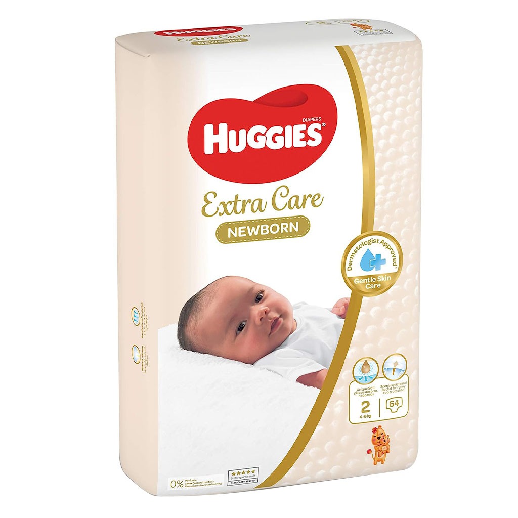 Huggies Extra Care Newborn Diapers, Size 2, For 4-6kg Baby, Promo Jumbo Pack of 2 x 64's
