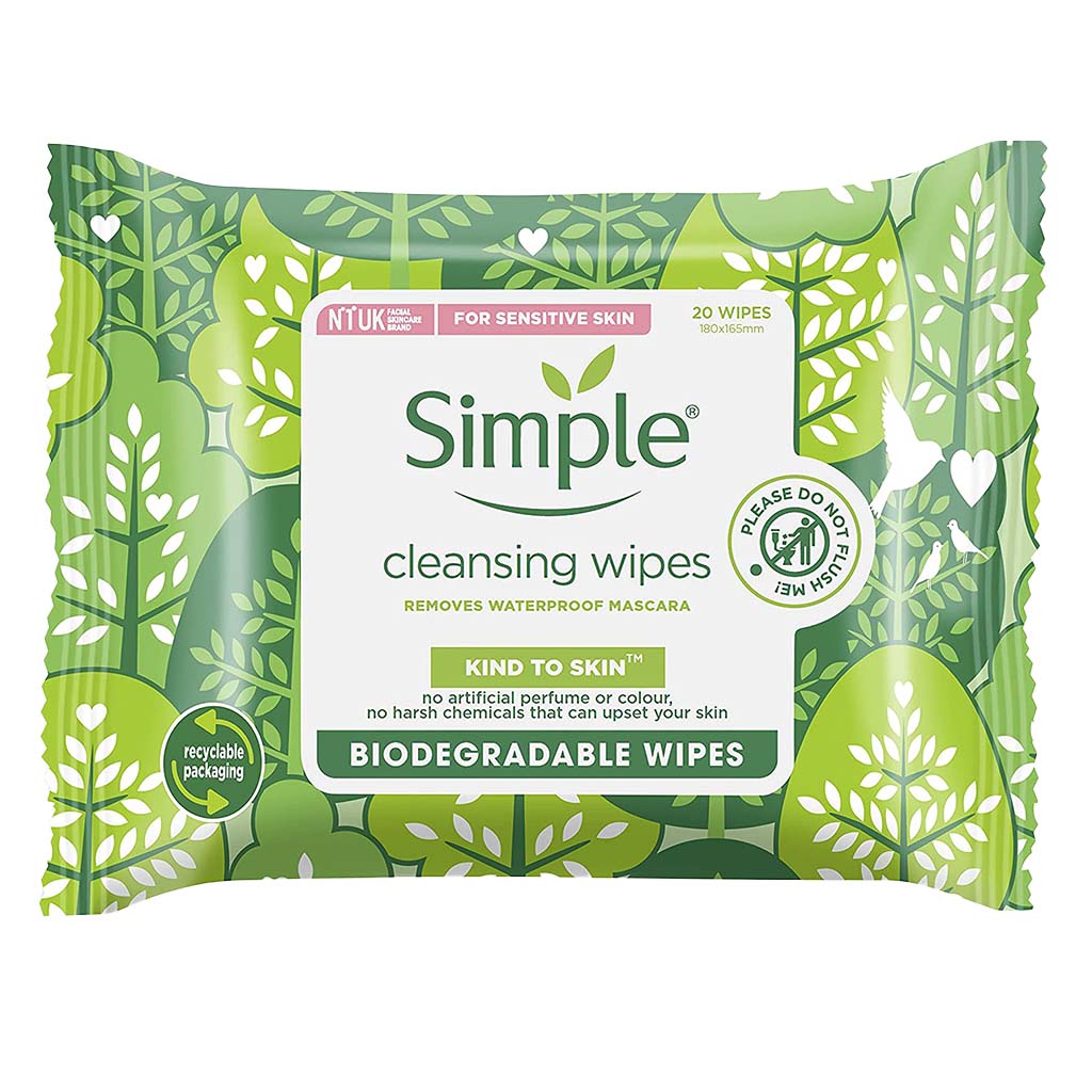 Simple Kind To Skin Biodegradable Cleansing Facial Wipes For Sensitive Skin, Pack of 20's