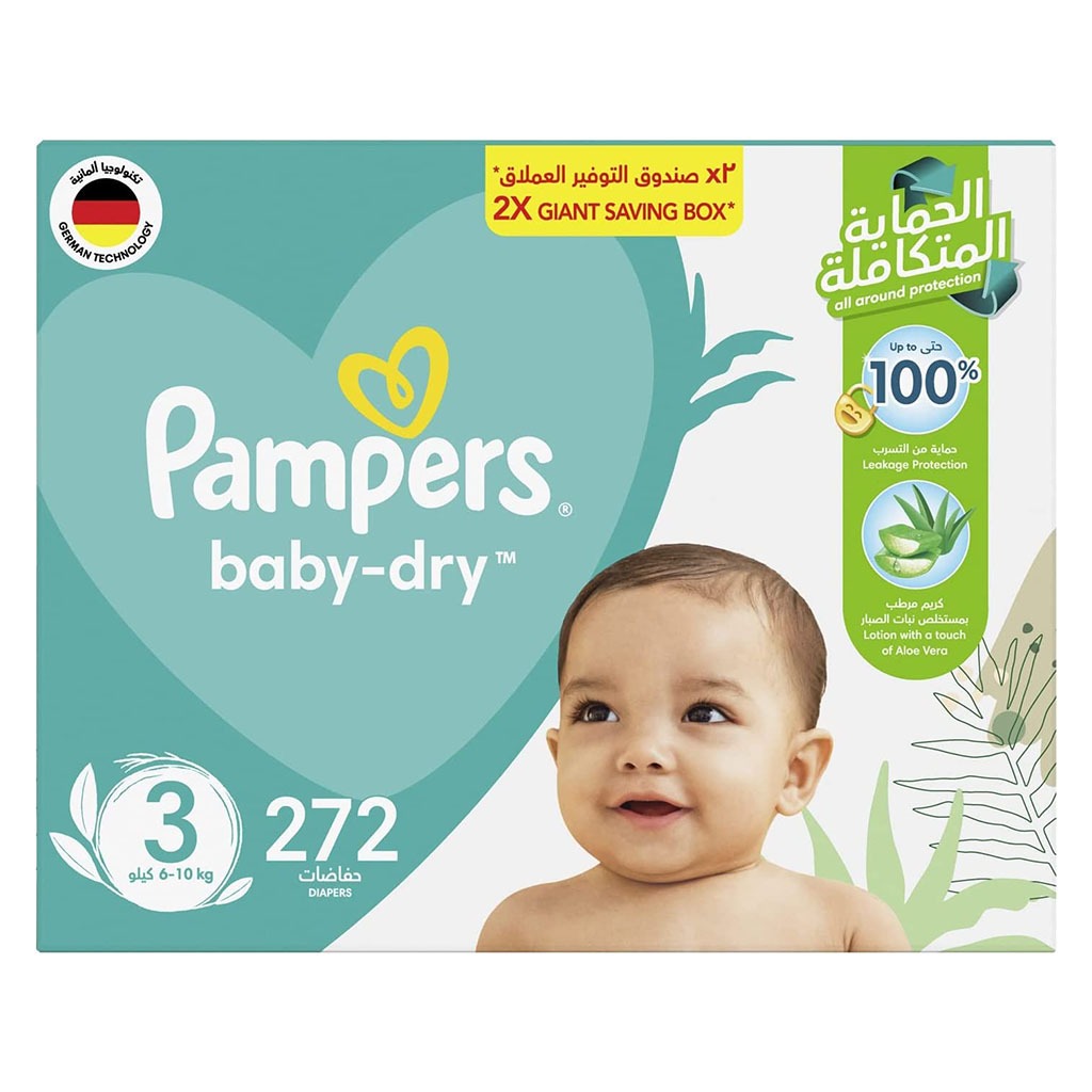 Pampers Baby-Dry Diapers With Aloe Vera Lotion & Leakage Protection, Size 3 For 6-10kg Baby, Giant Saving Pack of 272's