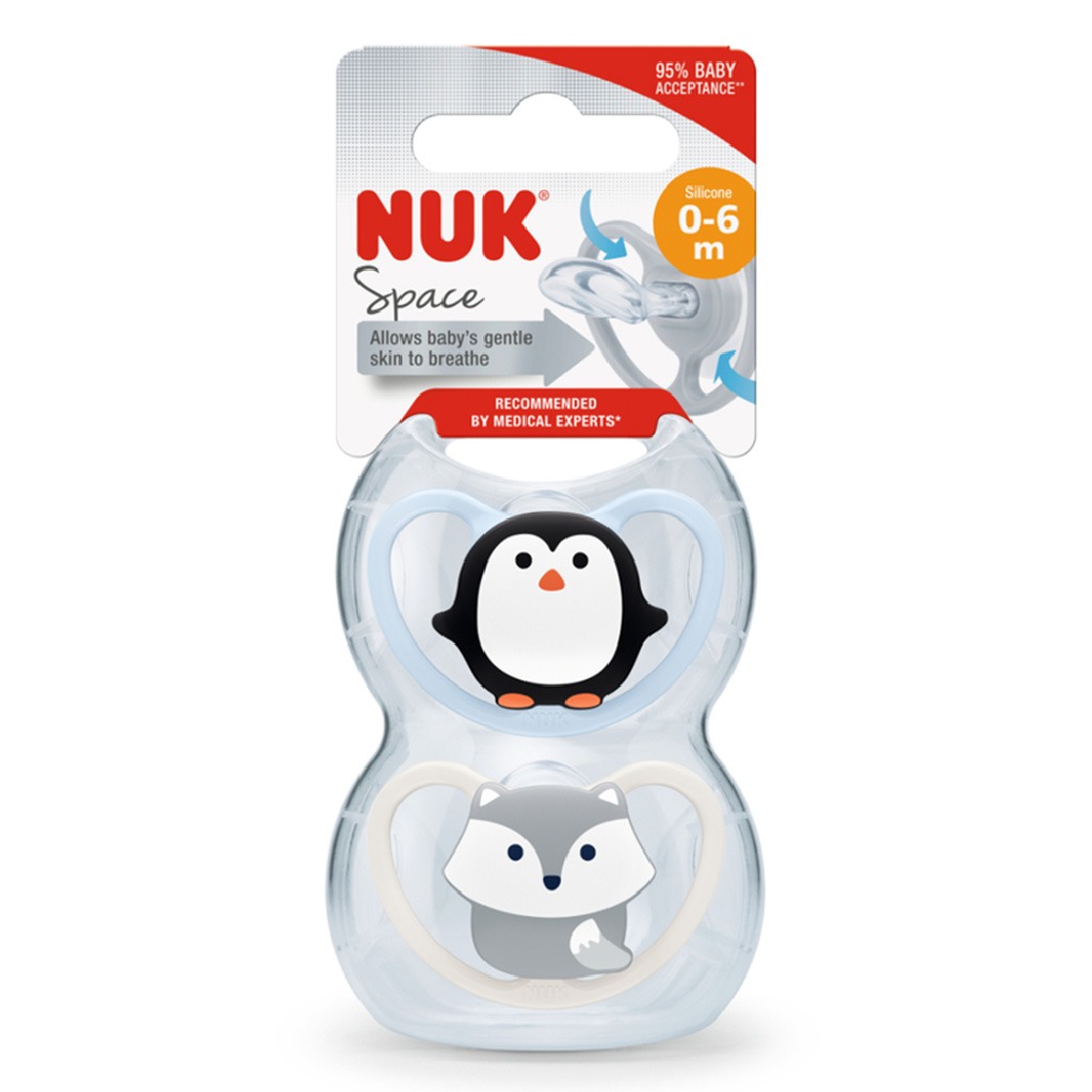 NUK Space Silicone Soothers For 0-6 Months Baby, Assorted Pack of 2's