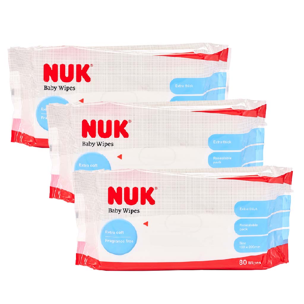 NUK Extra Soft & Thick Fragrance-Free Baby Wet Wipes, 3 x 80's, 2+1 Promo Pack