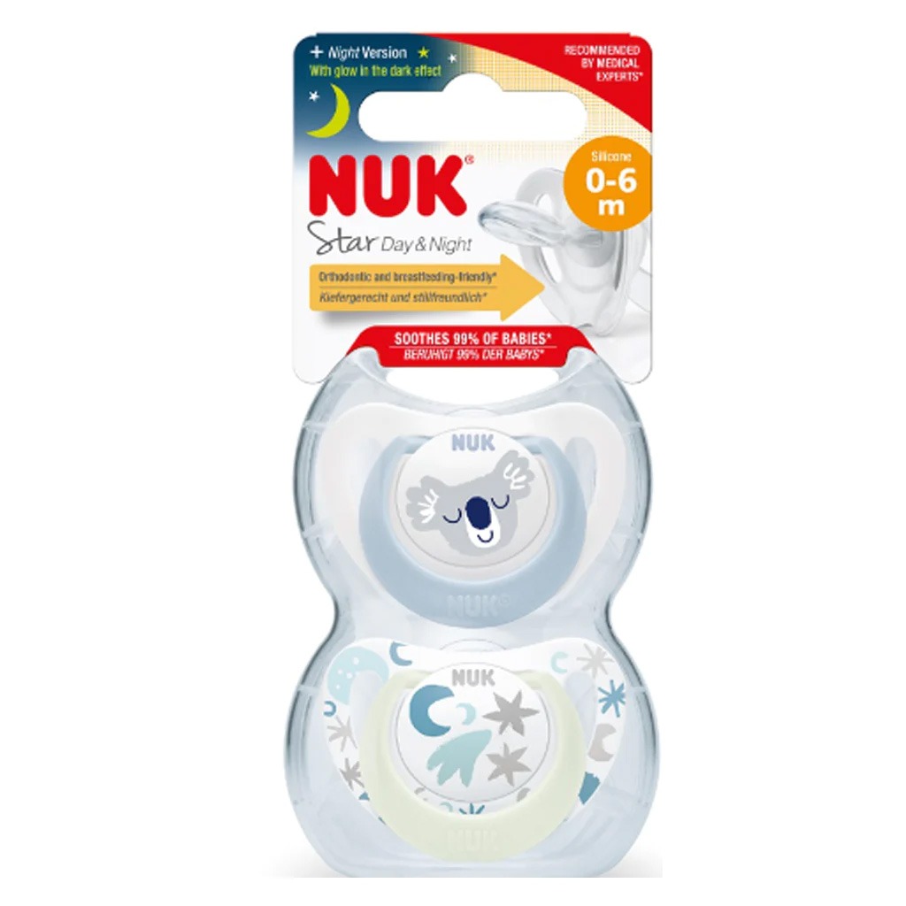 NUK Star Day & Night Silicone Soothers For 0-6 Months Baby, Assorted Pack of 2's