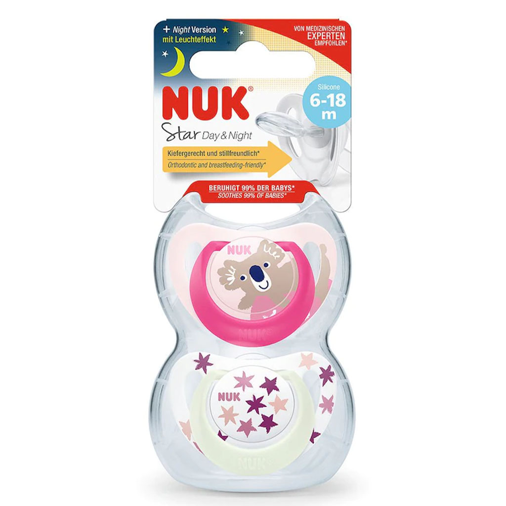 NUK Star Day & Night Silicone Soothers For 6-18 Months Baby, Assorted Pack of 2's