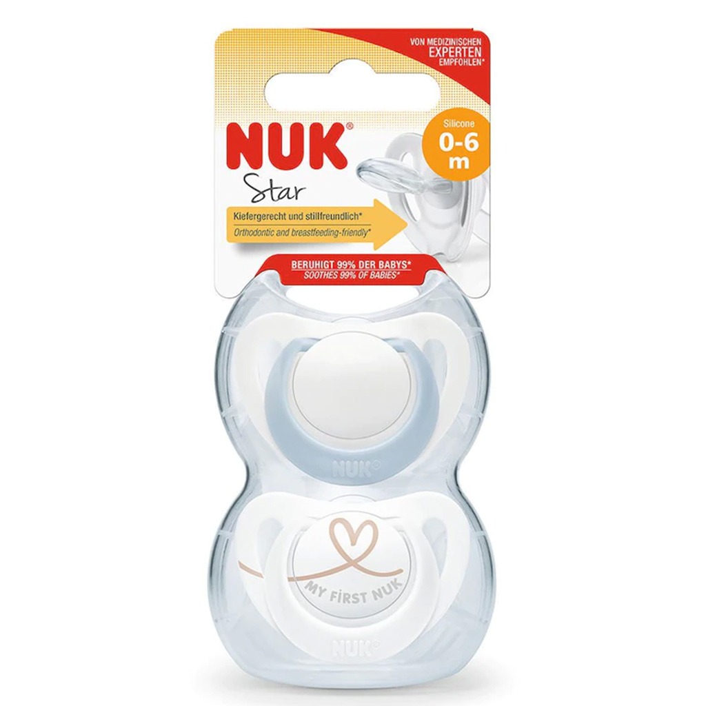 NUK Star Silicone Soother For 0-6 Months Baby, Assorted Pack of 2's