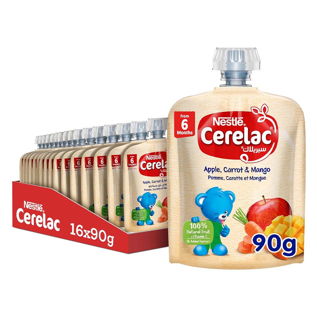 Nestle Cerelac Fruits Puree Pouch With Apple, Carrot & Mango For Babies From 6 Months, 16 x 90g, Pack of 16's