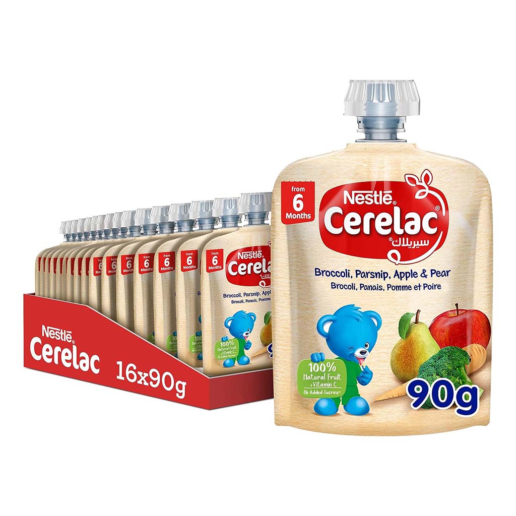 Nestle Cerelac Fruits Puree Pouch With Broccoli, Parsnip, Apple & Pear For Babies From 6 Months, 16 x 90g, Pack of 16's