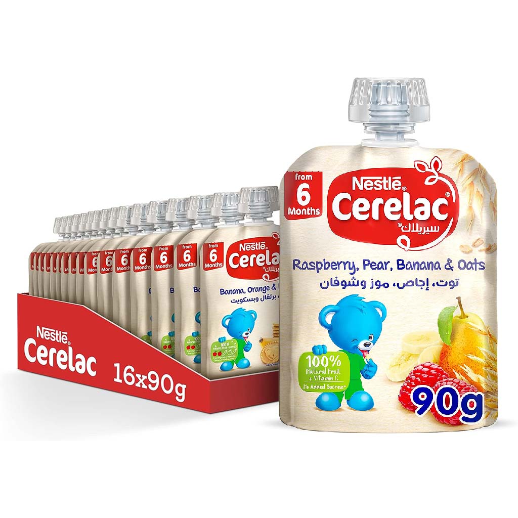 Nestle Cerelac Fruits Puree Pouch With Raspberry, Pear, Banana & Oats For Babies From 6 Months, 16 x 90g, Pack of 16's