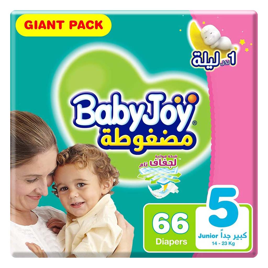 BabyJoy Compressed Diamond Pad Baby Diapers, Size 5, Junior, For 14-23Kg Baby, Giant Pack of 66's