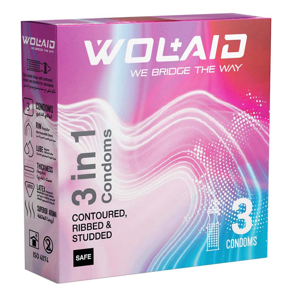 Wolaid 3 in 1 Contoured, Ribbed And Studded Condoms, Pack of 3's