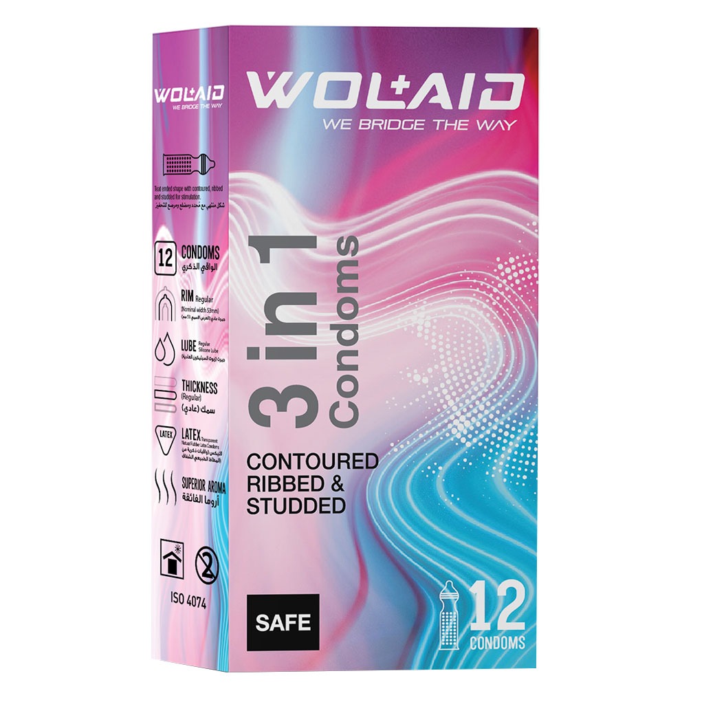 Wolaid 3 in 1 Contoured, Ribbed And Studded Condoms, Pack of 12's
