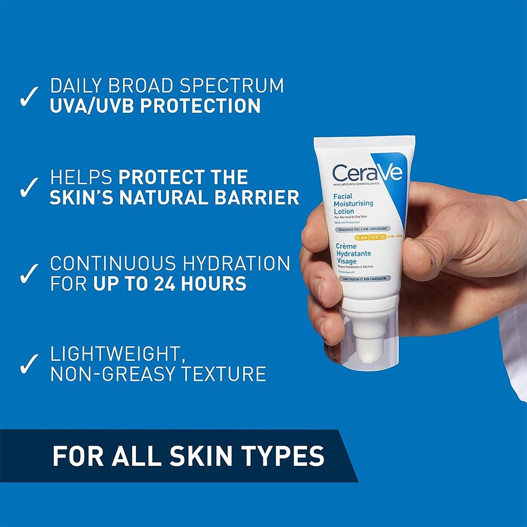 CeraVe AM Facial Moisturizing Lotion With UV Protection SPF30 For Normal To Dry Skin, Fragrance Free 52ml