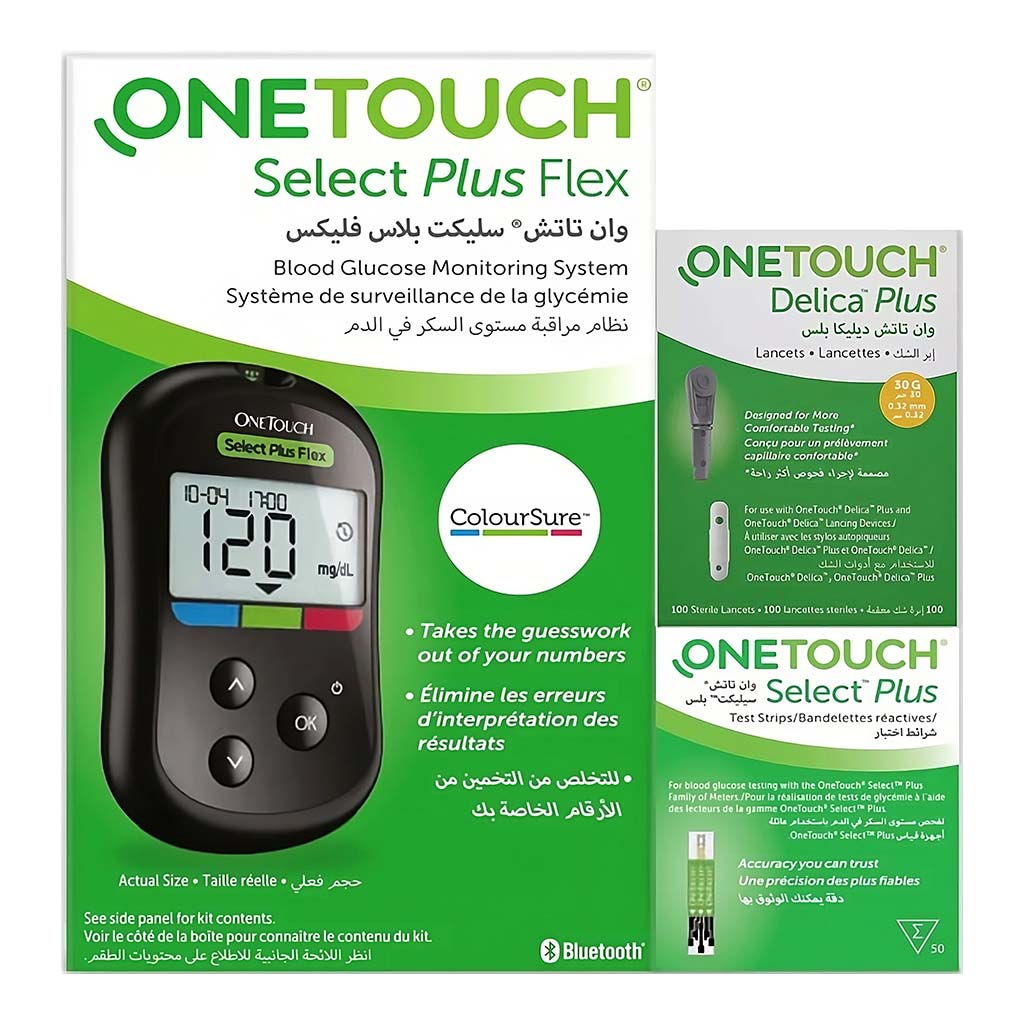 OneTouch Select Plus Flex Blood Glucose Monitoring System + OneTouch Select Plus Flex Test Strips, Pack of 50's + OneTouch Delica Plus Lancets, Pack of 100's OFFER PACK