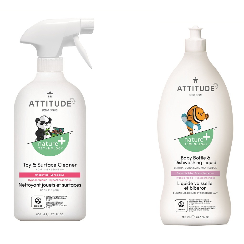 Attitude Little Ones Nature+ Technology Unscented Rinse-Free Toy & Surface Cleaner 800ml + Attitude Little Ones Nature+ Technology Baby Bottle & Dishwashing Liquid - Sweet Lullaby 700ml, Combo Pack of 2 Pieces
