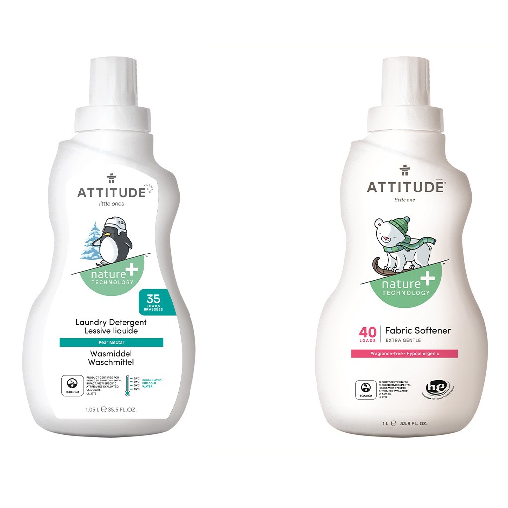 Attitude Little Ones Nature+ Technology Extra Gentle Fragrance-Free Baby Fabric Softener, 40 Loads, 1000ml + Attitude Little Ones Nature+ Technology Baby Laundry Detergent- Pear Nectar, 35 Loads, 1050ml, Combo Pack of 2 Pieces