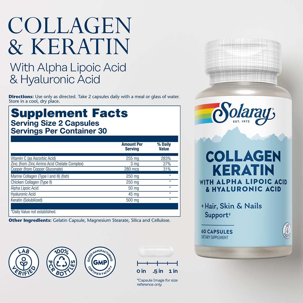 Solaray Collagen Keratin Capsules With Alpha Lipoic Acid & Hyaluronic Acid For Hair, Skin, & Nails, Pack of 60's
