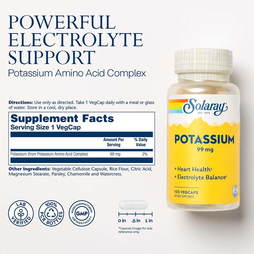 Solaray Potassium 99mg Veg Capsules For Heart Health & Electrolyte Balance, Pack of 100's