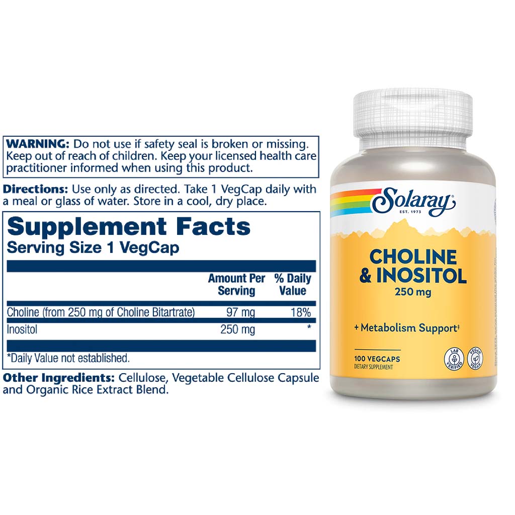 Solaray Choline & Inositol 250mg Veg Capsules To Support Metabolism, Pack of 100's