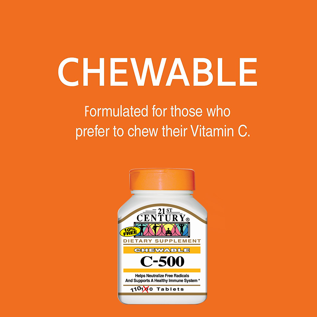 21st Century C-500 Chewable Vitamin C Tablets For Antioxidant & Immunity Support, Pack of 110's