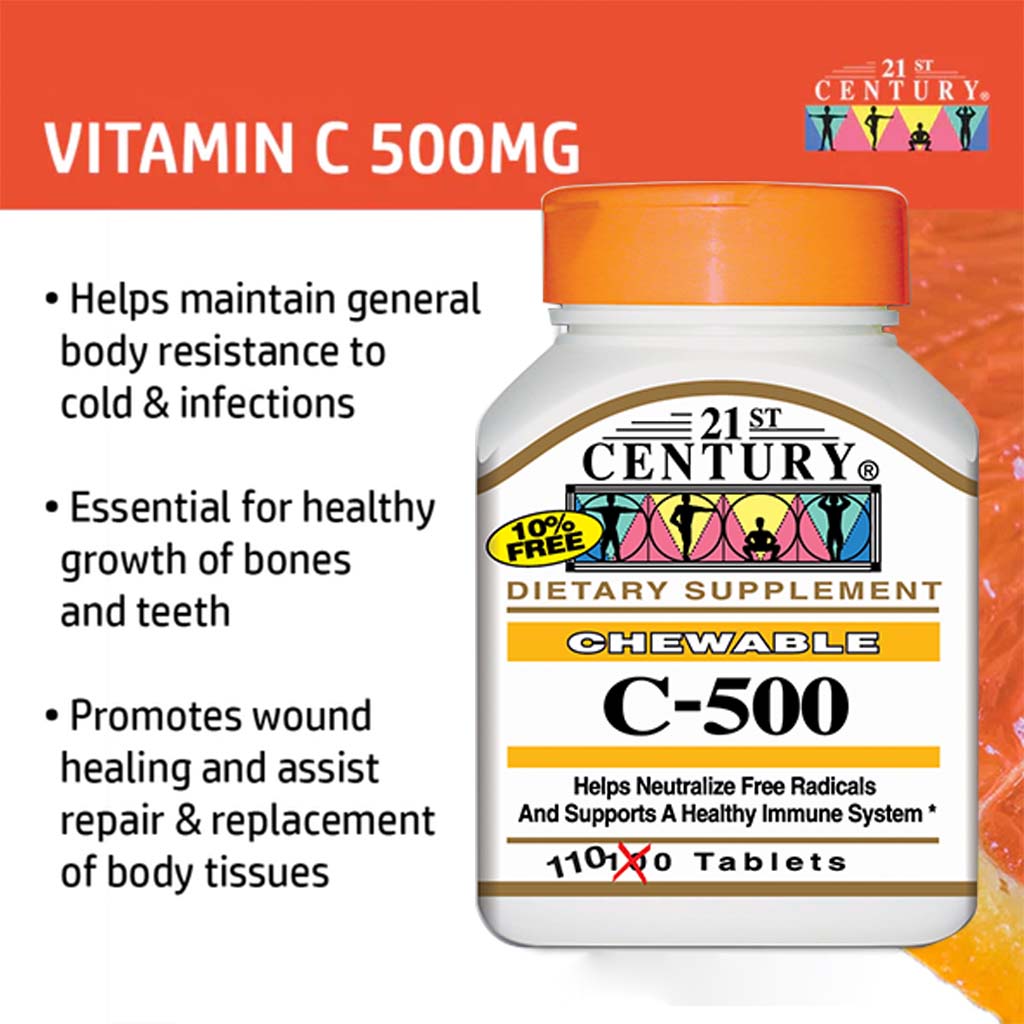 21st Century C-500 Chewable Vitamin C Tablets For Antioxidant & Immunity Support, Pack of 110's