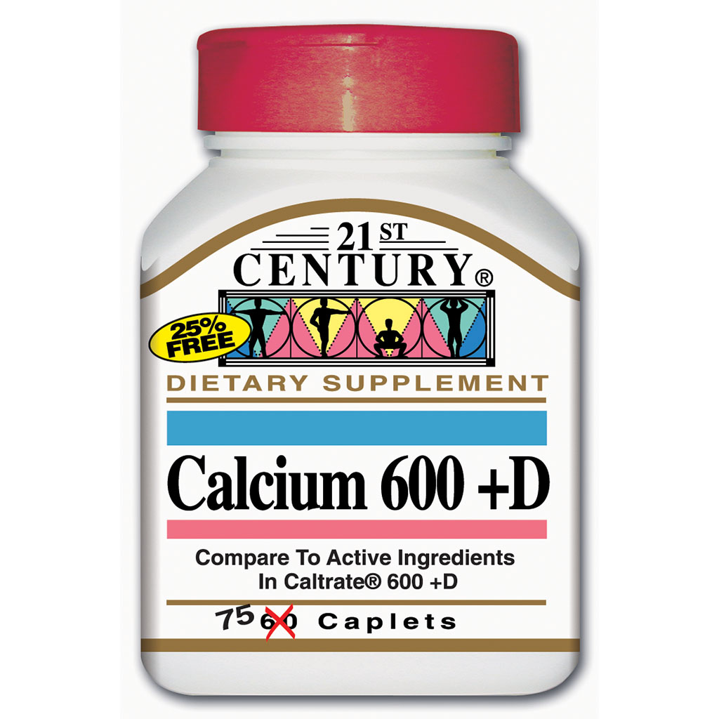 21st Century Calcium 600+D Calcium & Vitamin D3 Supplement Caplets, Pack of 75's