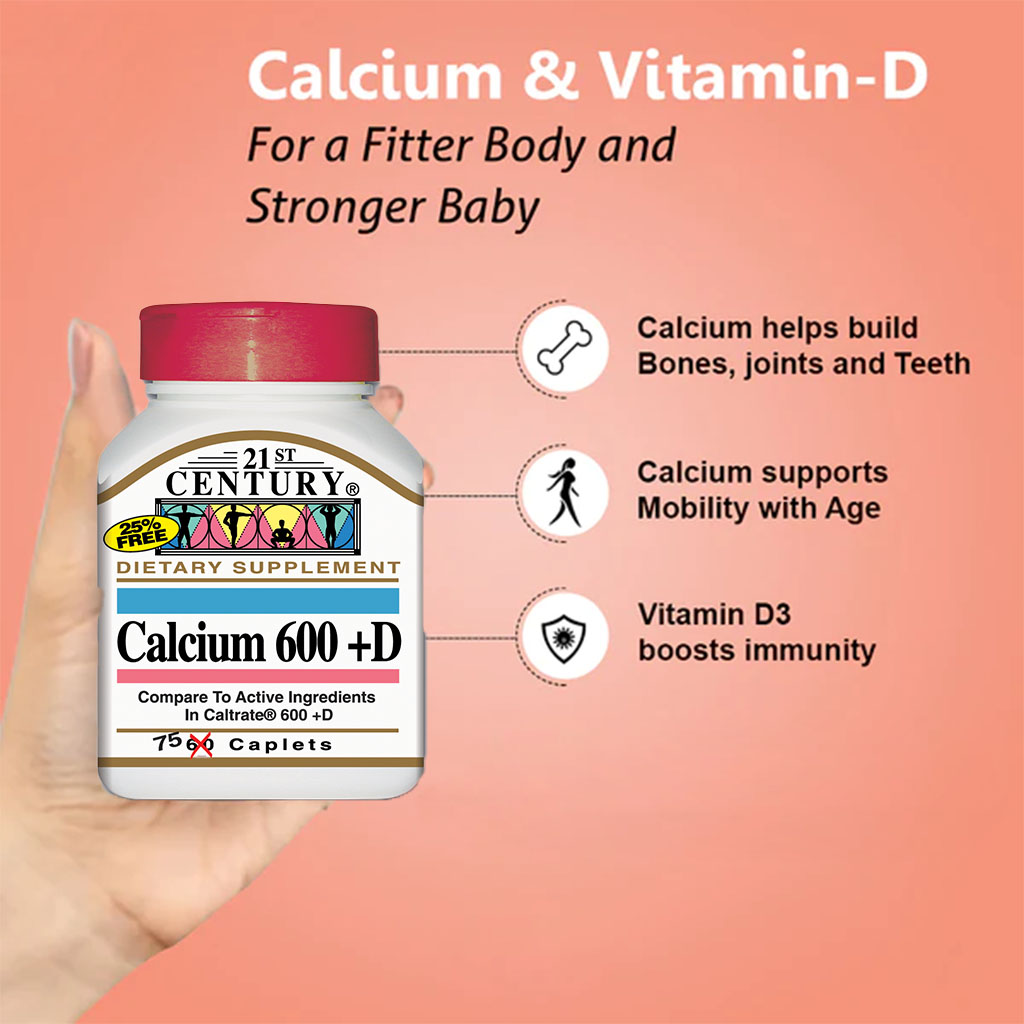 21st Century Calcium 600 + D Caplets For Bone Health, Pack of 75's