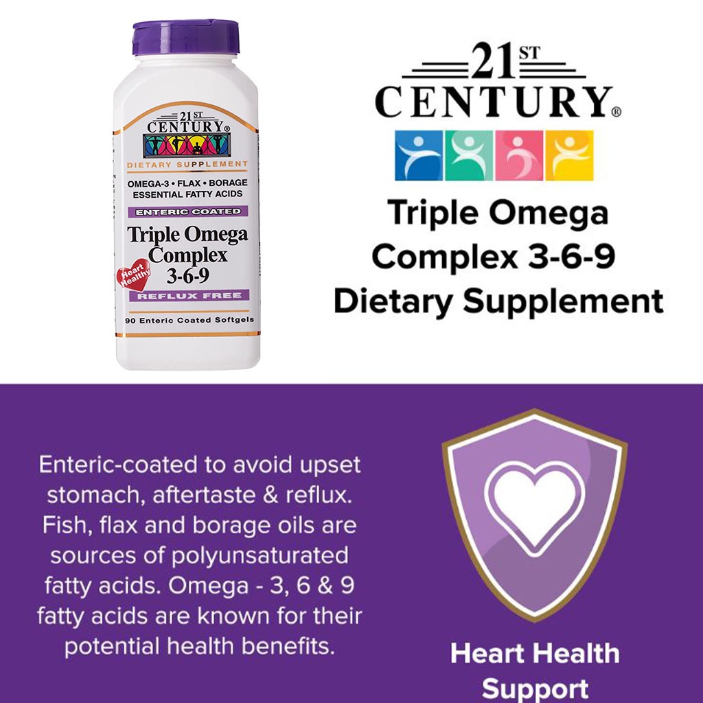 21st Century Triple Omega Complex 3-6-9 Reflux Free Enteric Coated Softgel For Heart Health, Pack of 90's