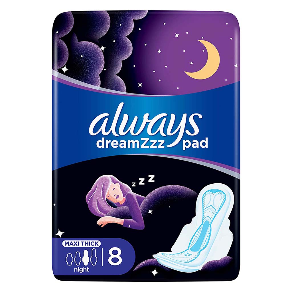 Always Clean & Dry Maxi Thick Night Sanitary Pads With Wings, Pack of 8's