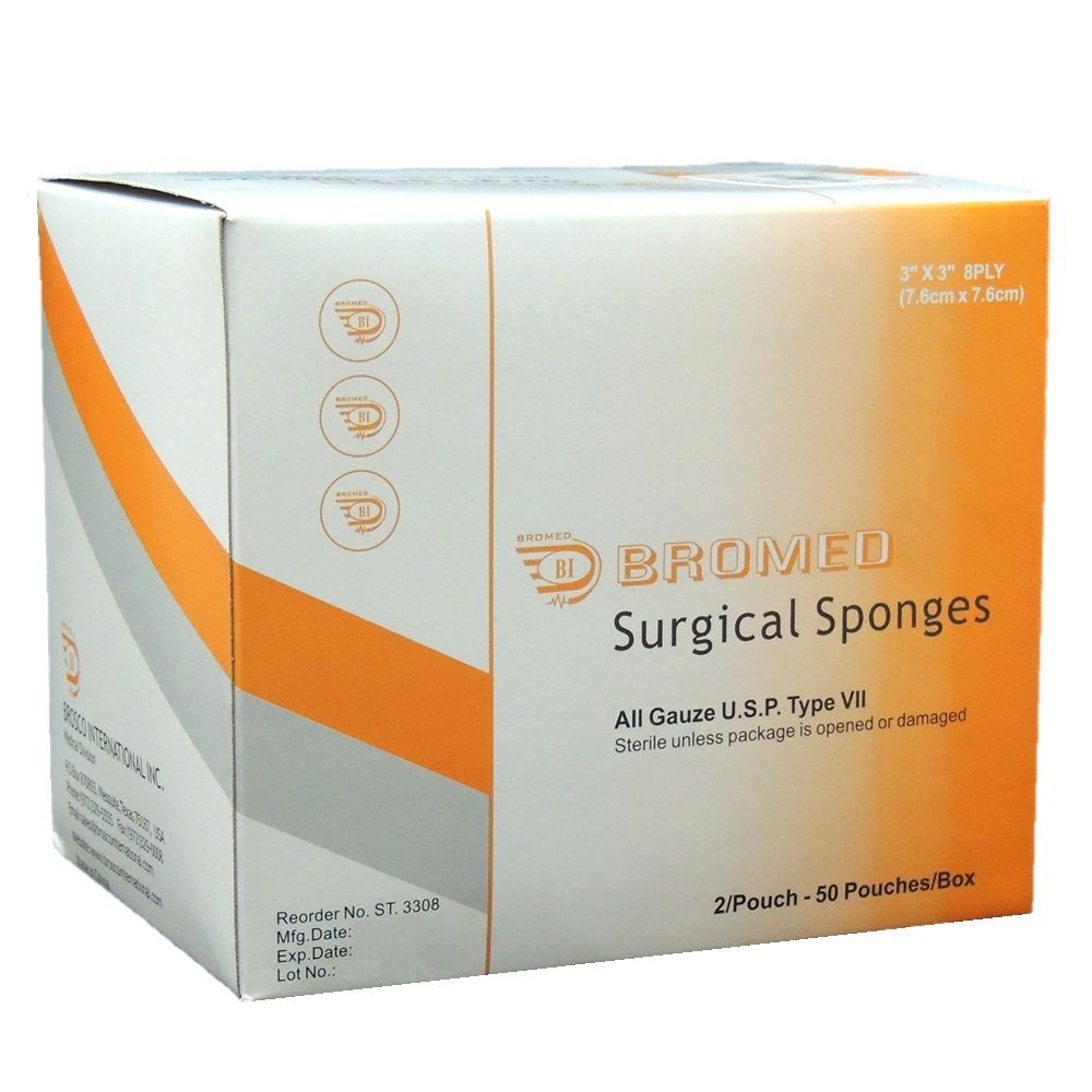 Bromed Sterile Surgical Sponges 3 inch x 3 inch x 8 ply 50's