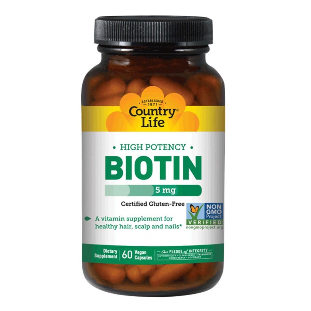 Country Life High Potency Biotin 5 mg Gluten-Free Vegan Capsules For Hair, Scalp & Nails, Pack of 60's