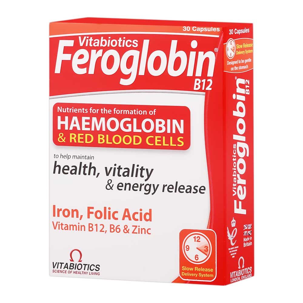 Vitabiotics Feroglobin Iron, Folic Acid & Vitamin B12 Capsules, Pack of 30's