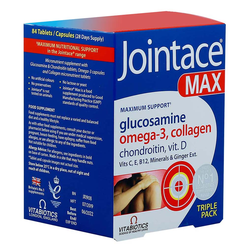 Vitabiotics Jointace Max For Healthy Bone & Cartilage, Triple Pack of Omega-3 Capsules 28's + Glucosamine, Turmeric & Chondroitin Tablets 28's + Collagen Tablets 28's