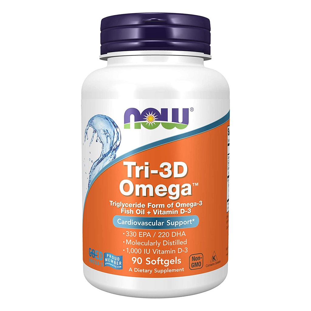 Now Tri-3D Omega 3 Fish Oil With 1000 IU Vitamin D3 Softgels For Cardiovascular Support, Pack of 90's