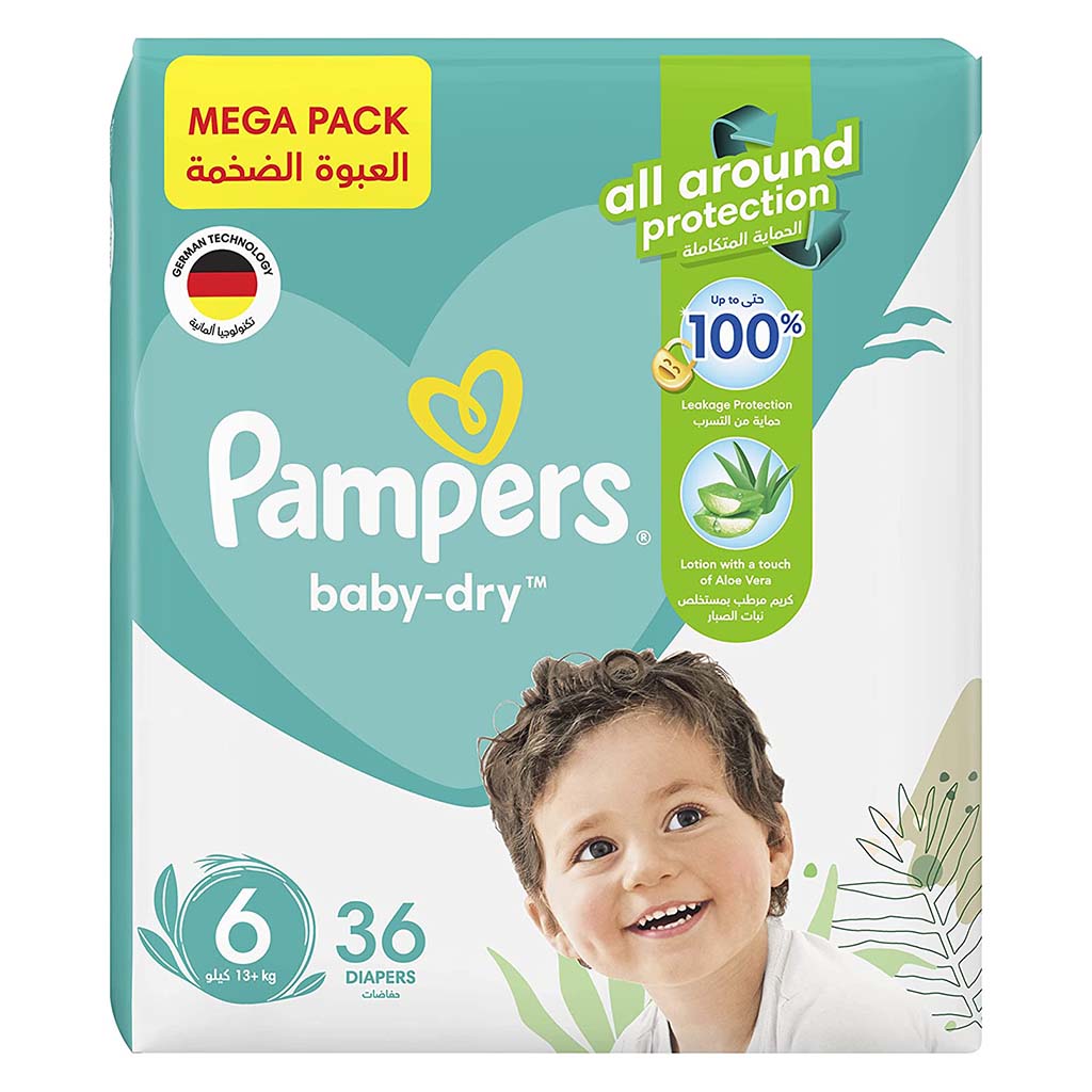 Pampers Baby-Dry Diapers With Aloe Vera Lotion & Leakage Protection, Size 6, For 13+ Kg Baby, Mega Pack of 36's