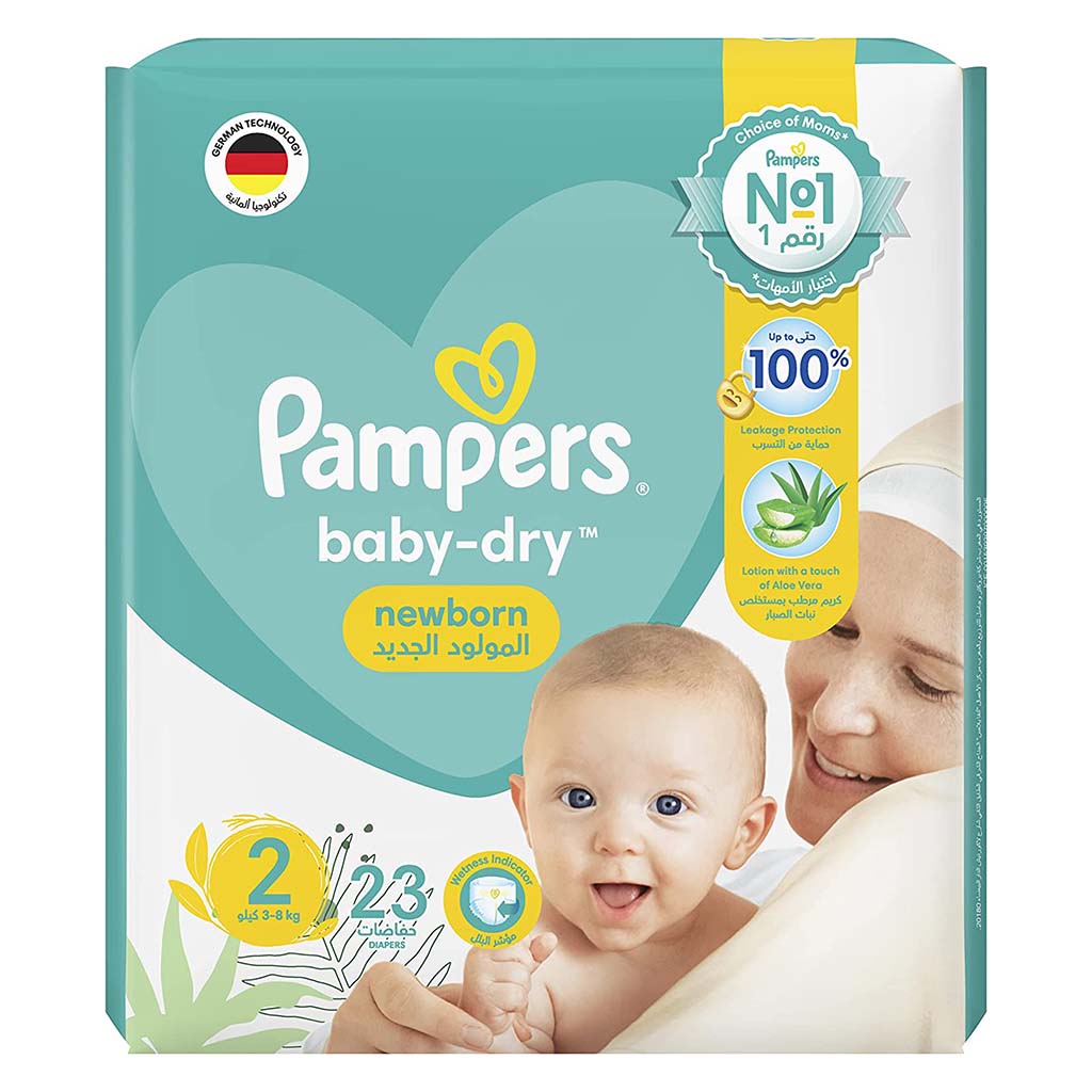 Pampers Baby-Dry Newborn Diapers With Aloe Vera Lotion, Wetness Indicator & Leakage Protection, Size 2, For 3-8 kg Baby, Pack of 23's