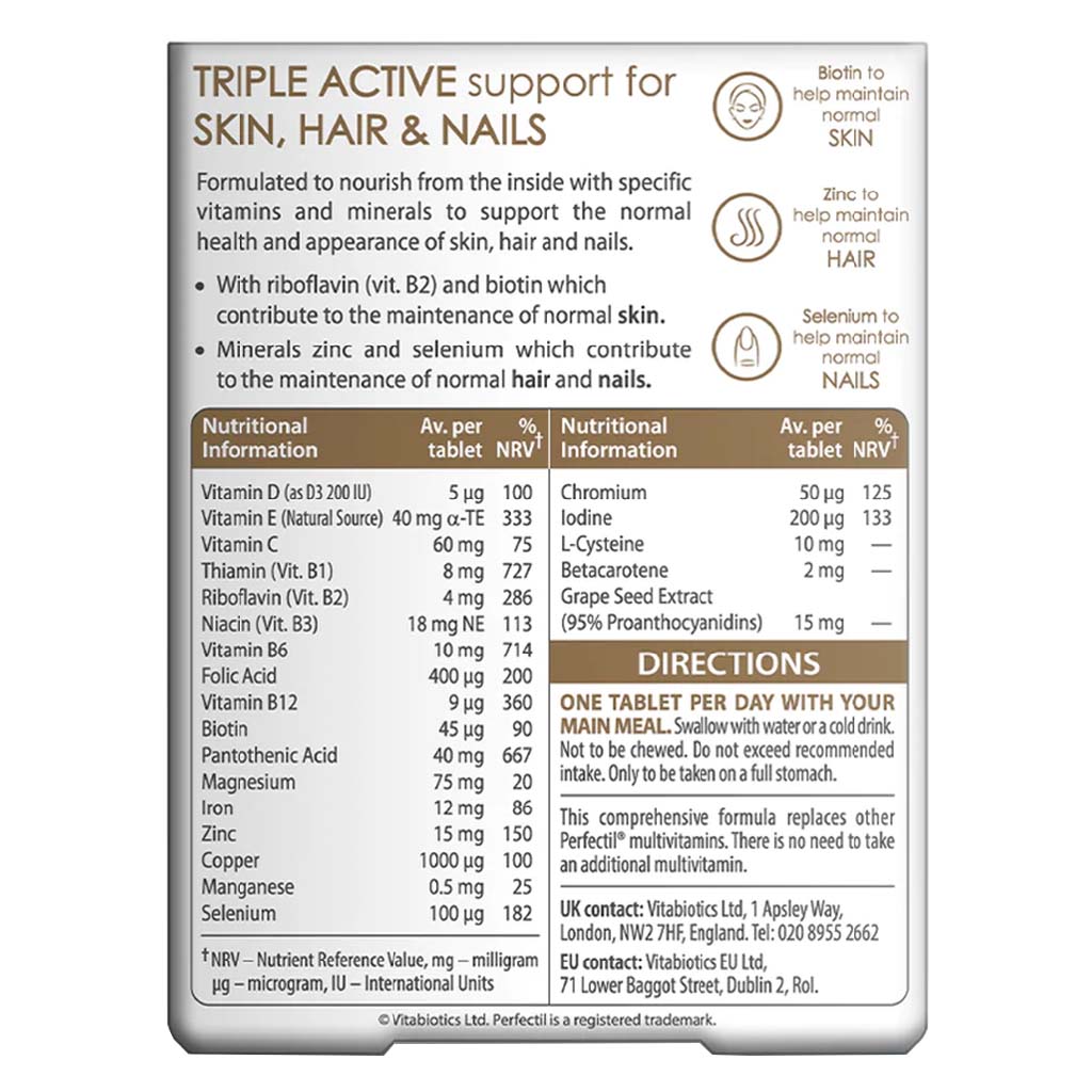 Vitabiotics Perfectil Triple Active Tablets With Biotin, Zinc & Selenium For Skin, Hair & Nails, Pack of 30's