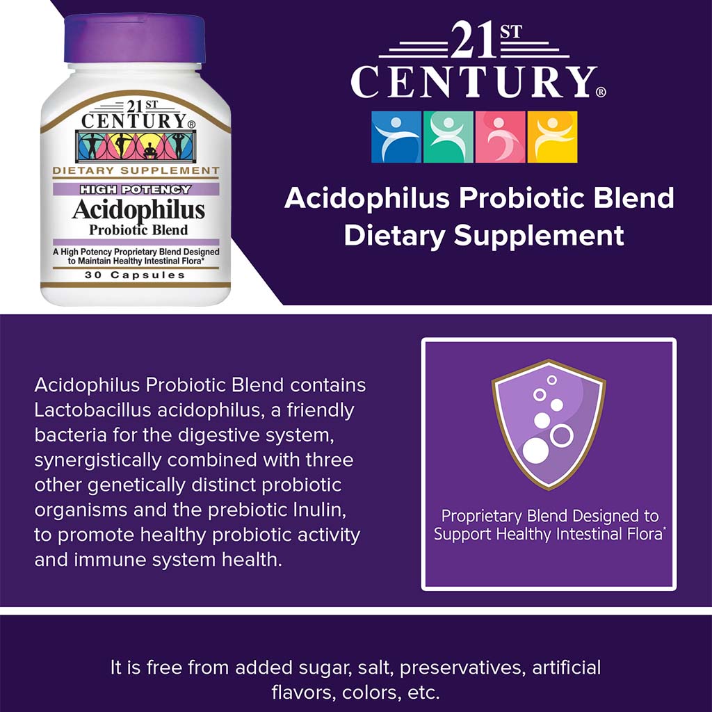 21st Century Acidophilus Probiotic Blend Capsules For Healthy Intestinal Flora, Pack of 30's
