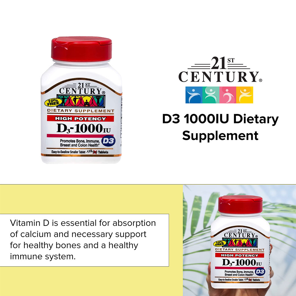 21st Century High Potency Vitamin D3-1000IU Tablets For Bone & Immune Health, Pack of 110's