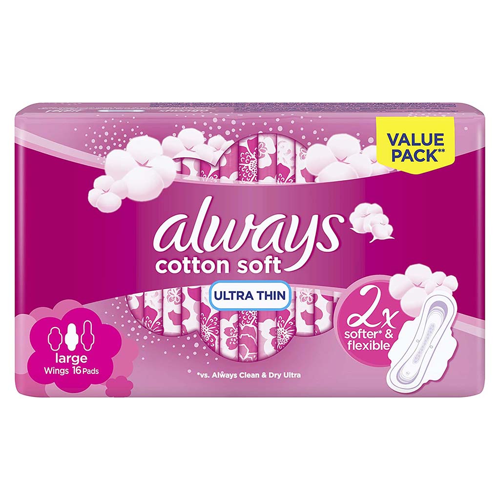 Always Cotton Soft Ultra Thin Large Sanitary Pads With Wings, Pack of 16's