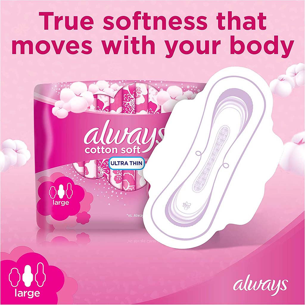 Always Cotton Soft Ultra Thin Large Sanitary Pads With Wings, Pack of 16's