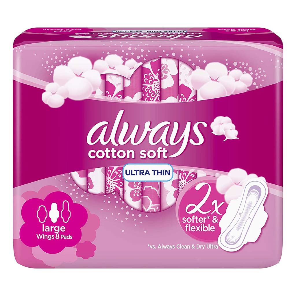 Always Cotton Soft Ultra Thin Large Sanitary Pads With Wings, Pack of 8's