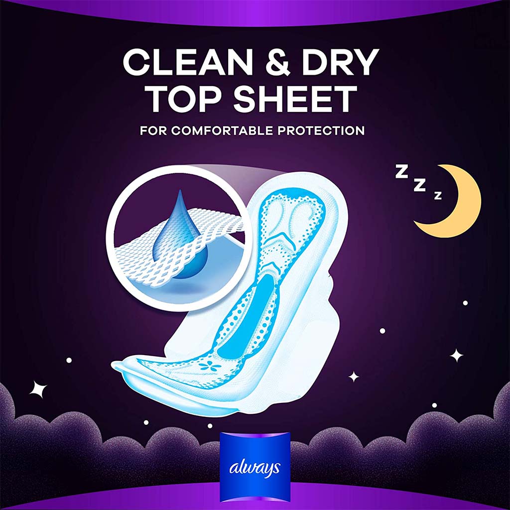 Always Clean & Dry Maxi Thick Night Sanitary Pads With Wings, Pack of 24's