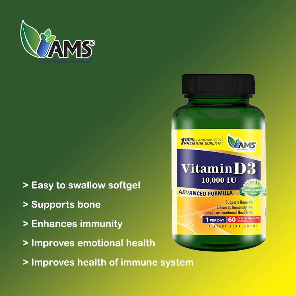 AMS Vitamin D3 10000IU Softgels For Healthy Bones & Immunity Boost, Pack of 60's